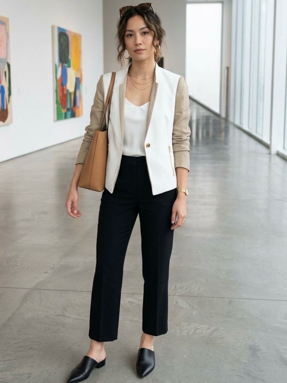 Calvin Klein White Front and Beige Sleeve Colorblock Blazer